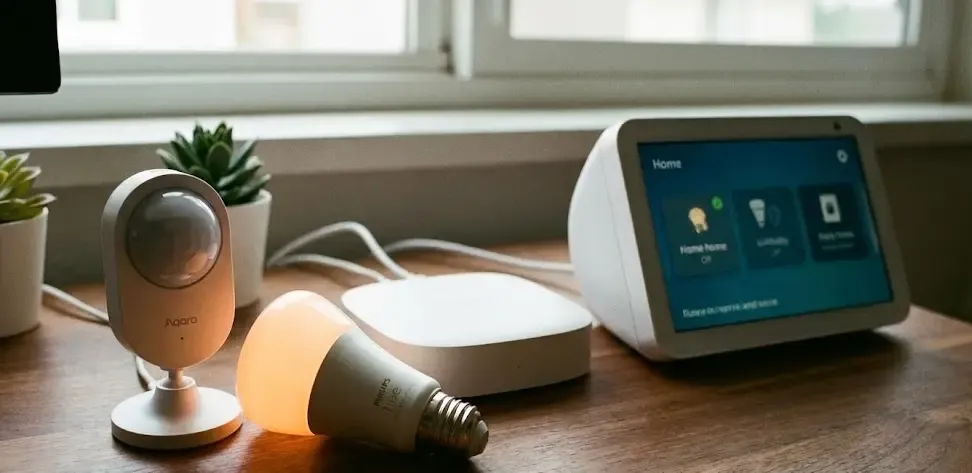 Fotografía de los componentes básicos de la domótica: un sensor de movimiento, una bombilla inteligente y un hub central