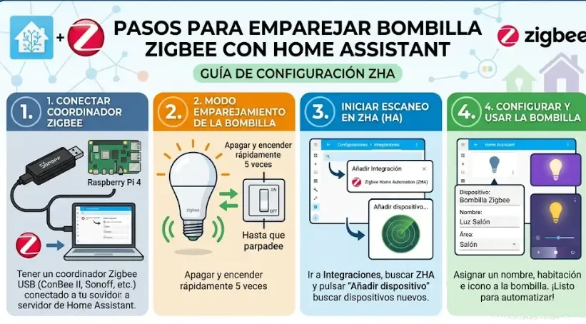 Cómo configurar bombillas Zigbee en Home Assistant en 5 pasos Pasos para emparejar bombilla Zigbee con Home Assistant: coordinador, modo pairing, ZHA y configuración
