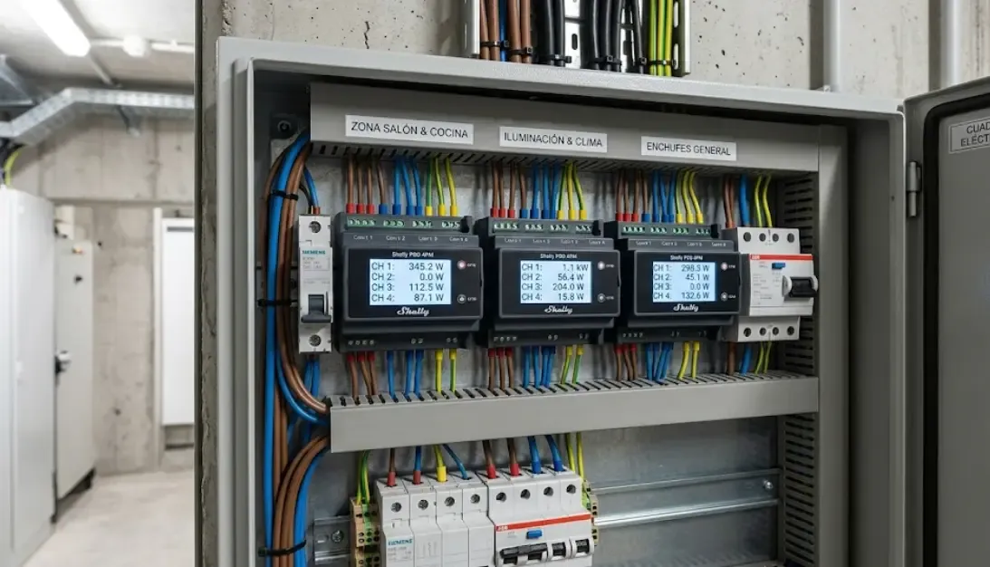 Cuadro eléctrico profesional con varios módulos Shelly Pro 4PM instalados en carril DIN con pantallas LCD mostrando el consumo en tiempo real.