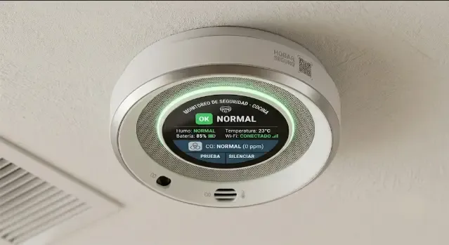 Primer plano de un detector de humo inteligente con indicador LED
