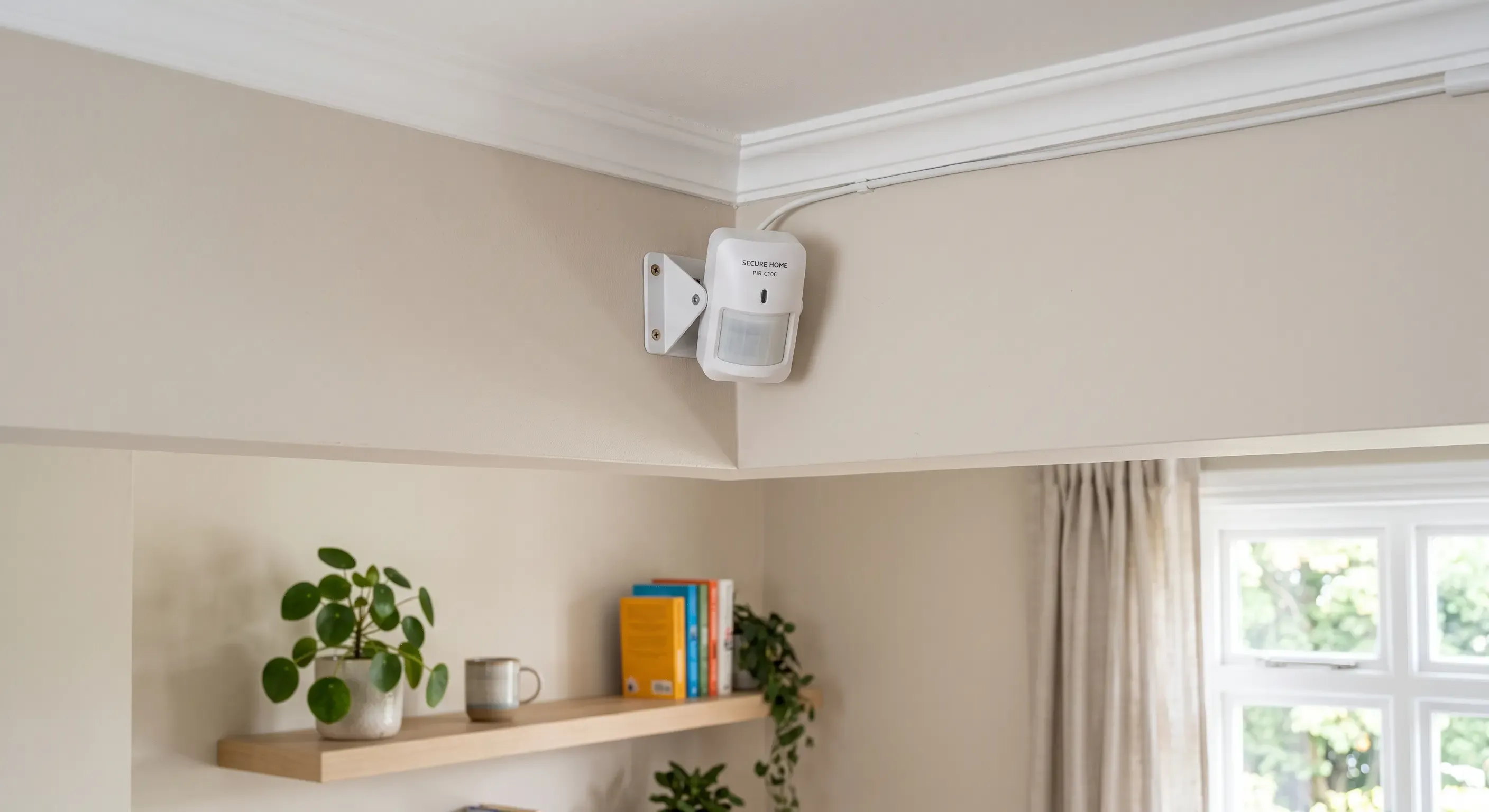 Detector de movimiento PIR instalado en esquina de habitación