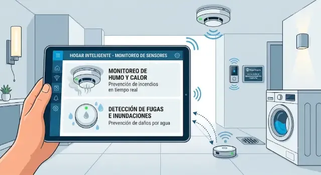 Detector de humo inteligente y sensor de agua en una cocina domotizada