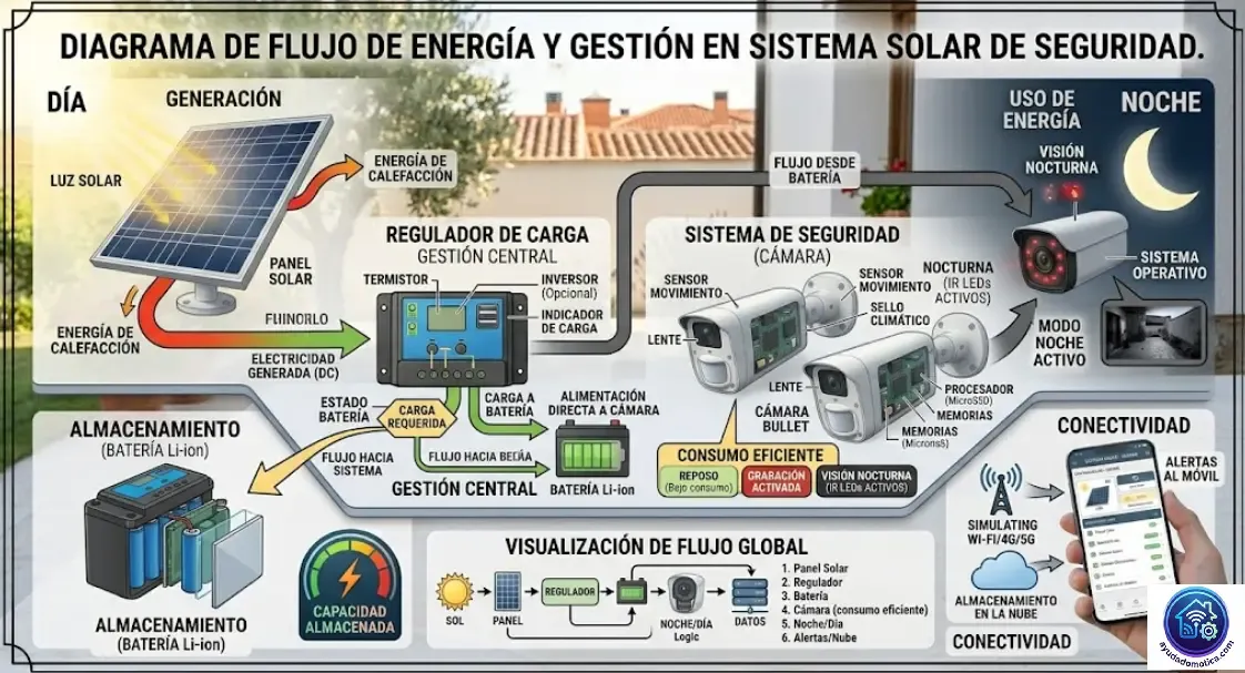Diagrama de flujo de energía en un sistema solar para cámara de seguridad