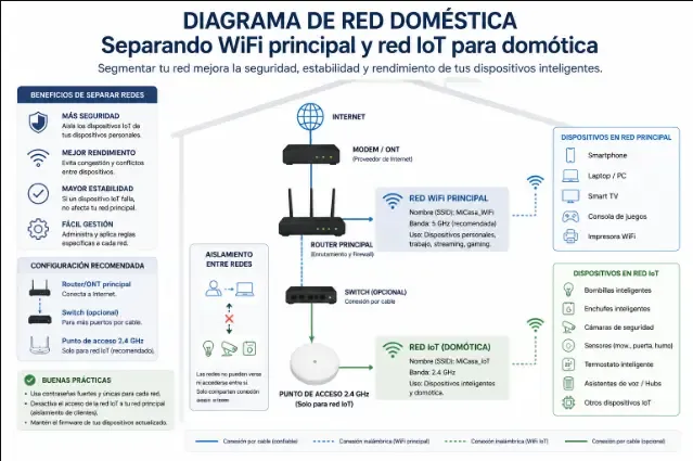 Diagrama de red doméstica separando WiFi principal y red IoT para domótica