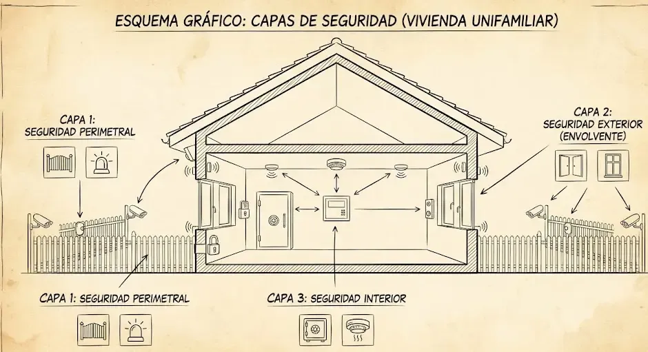 Esquema gráfico de capas de seguridad: perimetral, exterior e interior en una vivienda unifamiliar