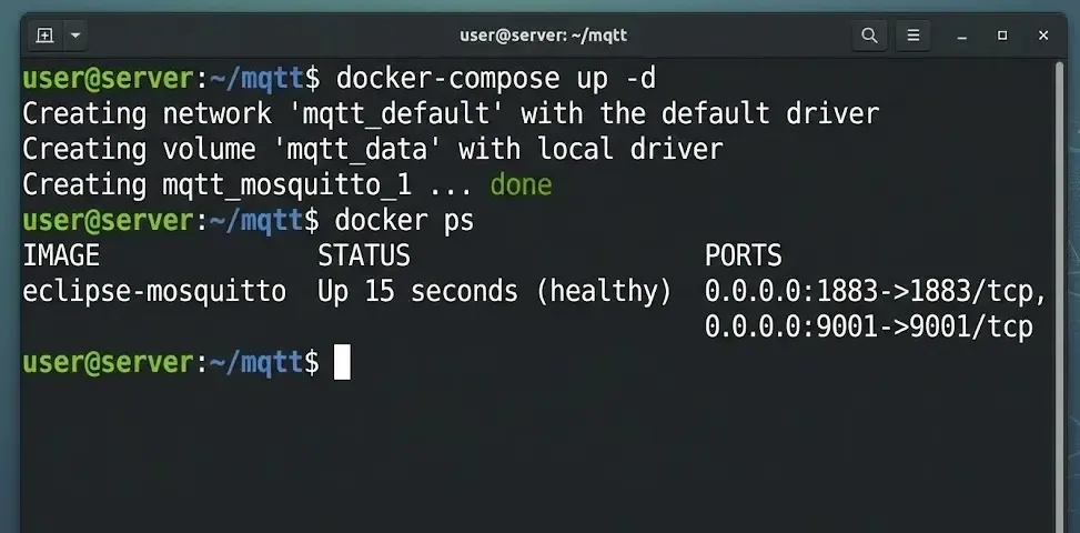 Captura de pantalla de una terminal Linux ejecutando el comando docker-compose up -d para desplegar el contenedor de Mosquitto, mostrando los estados "Created" y "Started" en verde.