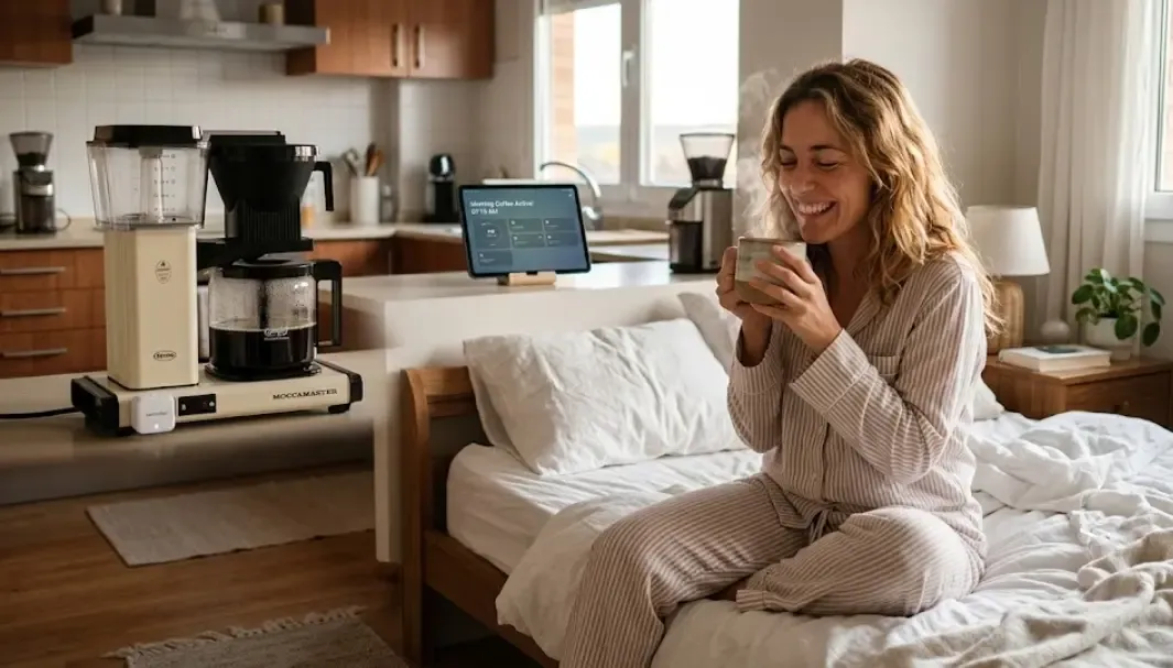 Persona levantándose de la cama sonriendo mientras huele una taza de café recién hecho, gracias a una cafetera tradicional domotizada visible al fondo de la cocina.