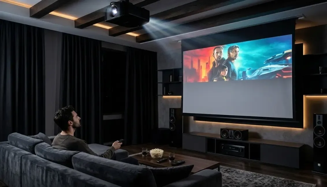 Salón moderno oscurecido transformándose en un cine en casa, con una gran pantalla de proyector descendiendo automáticamente desde el techo.