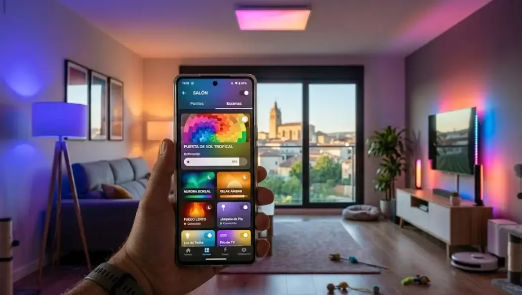 Teléfono móvil mostrando la aplicación Philips Hue con escenas dinámicas de colores, controlando varias luces en un salón moderno.