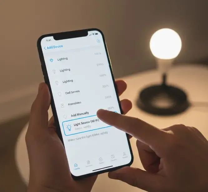 Captura de pantalla de un smartphone mostrando el proceso de emparejamiento de una bombilla inteligente en la aplicación Smart Life