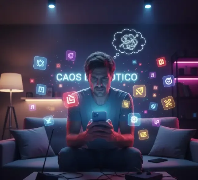 Hombre frustrado mirando su teléfono móvil rodeado de docenas de iconos de aplicaciones domóticas diferentes y luces parpadeando