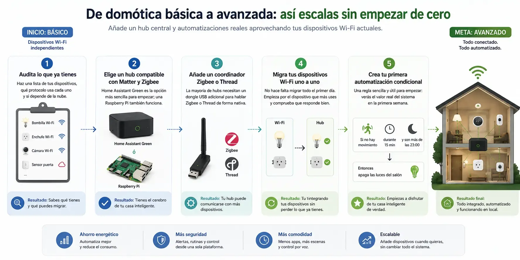 esquema para escalar de domótica básica a avanzada paso a paso