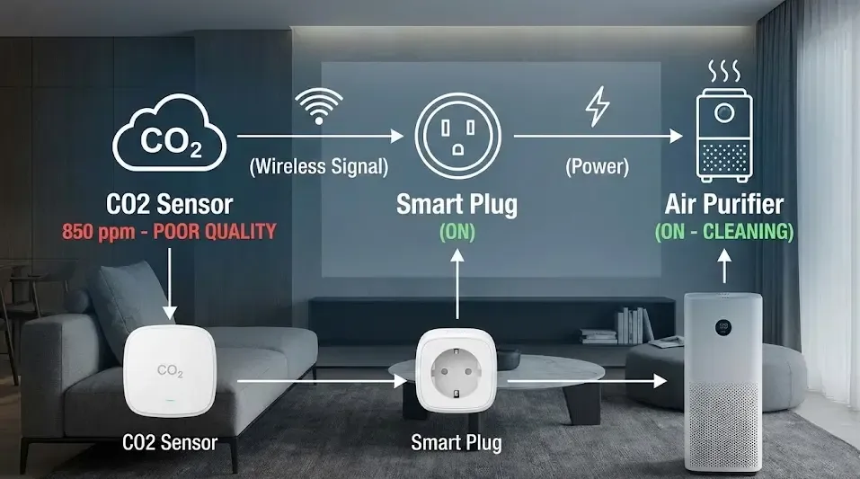 Infografía mostrando la conexión entre sensor de CO2 enchufe inteligente y purificador de aire