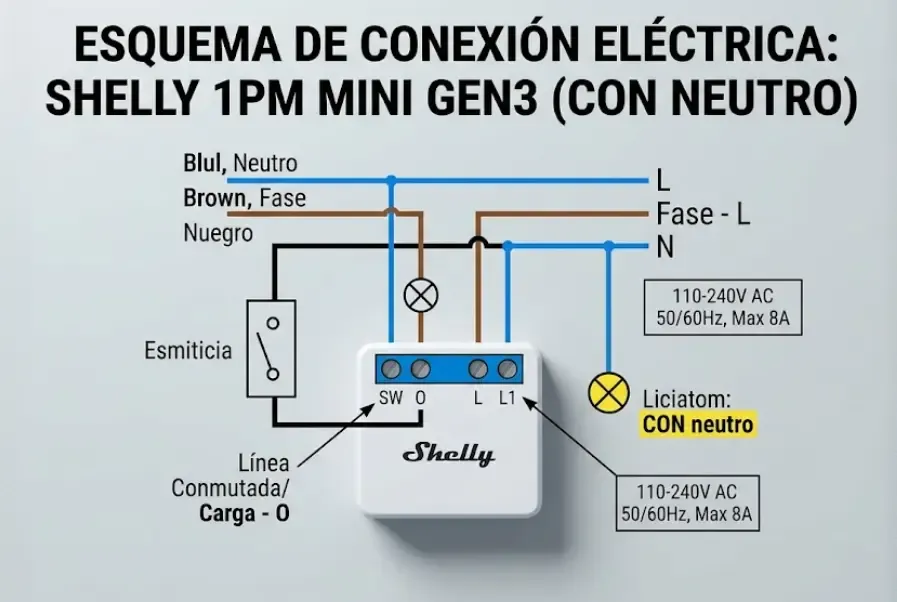 Esquema de conexión eléctrica del Shelly 1PM Mini Gen3 en una instalación CON neutro