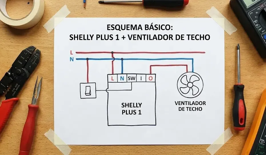 Esquema de conexión básico de un Shelly Plus 1 para automatizar un ventilador de techo