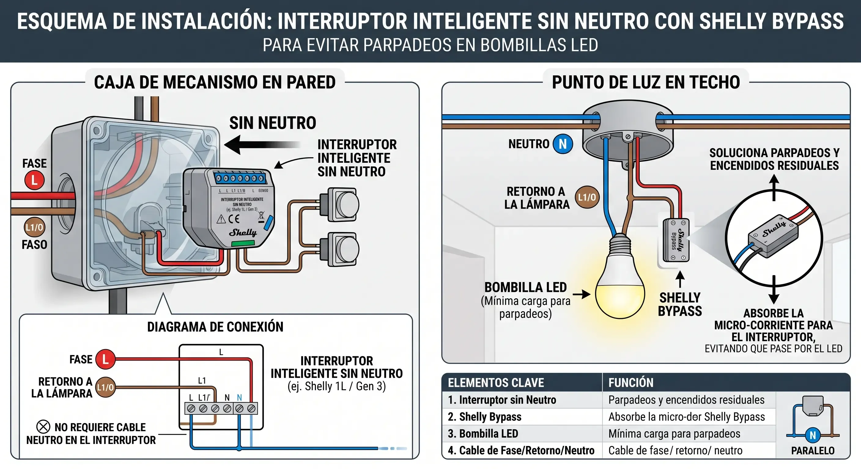 Esquema de instalación de un interruptor inteligente sin neutro con Shelly Bypass para evitar parpadeos en LED