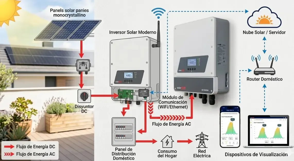 Esquema técnico que ilustra el viaje de la energía desde los paneles solares hasta el inversor, y cómo este envía los datos por WiFi al router doméstico para su visualización.