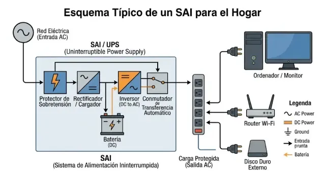 Esquema de conexión de un SAI entre la red eléctrica y los equipos domésticos