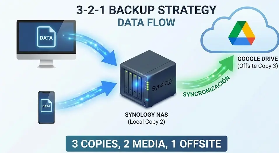Estrategia Backup 3-2-1: Automatiza Google Drive y NAS