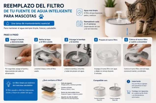 Reemplazo del filtro de una fuente de agua inteligente para mascotas, una tarea de mantenimiento esencial