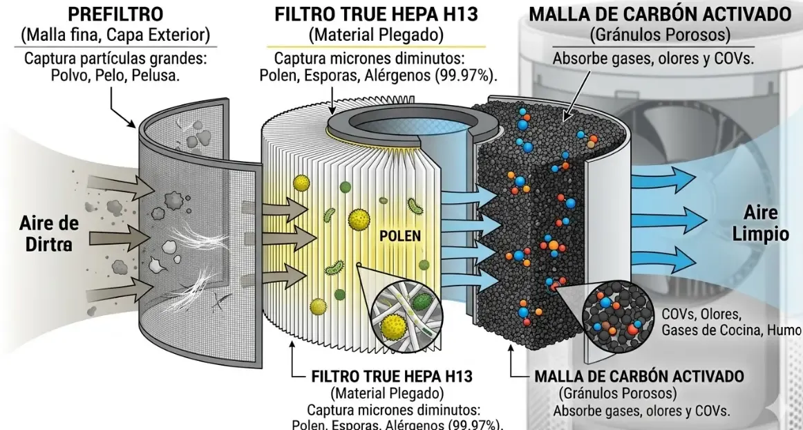 Ilustración técnica mostrando las capas de un filtro cilíndrico de un purificador, con un prefiltro, un filtro True HEPA capturando polen y una malla de carbón activado absorbiendo gases.