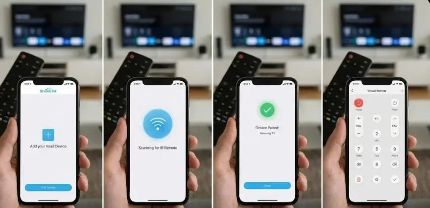 Captura de pantalla mostrando los pasos para emparejar un mando universal IR en la app Tuya o BroadLink