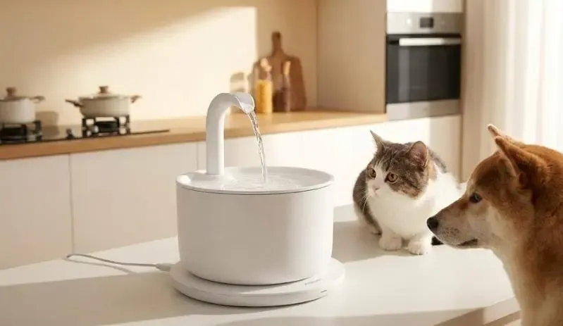 Fuente de agua inteligente para mascotas Xiaomi mostrando el flujo de agua y la base de carga inalámbrica