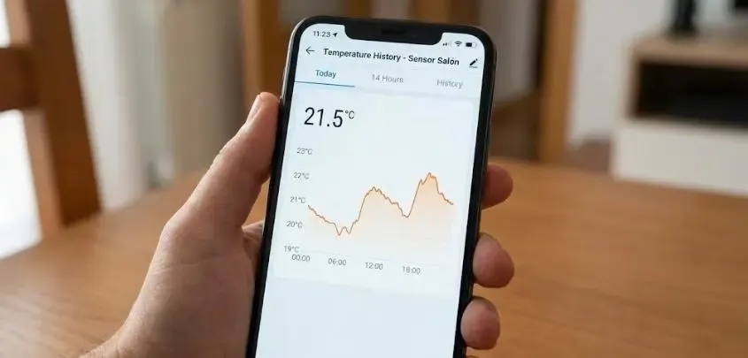Captura de pantalla de la App Smart Life mostrando la gráfica histórica de temperatura y humedad recogida por el sensor