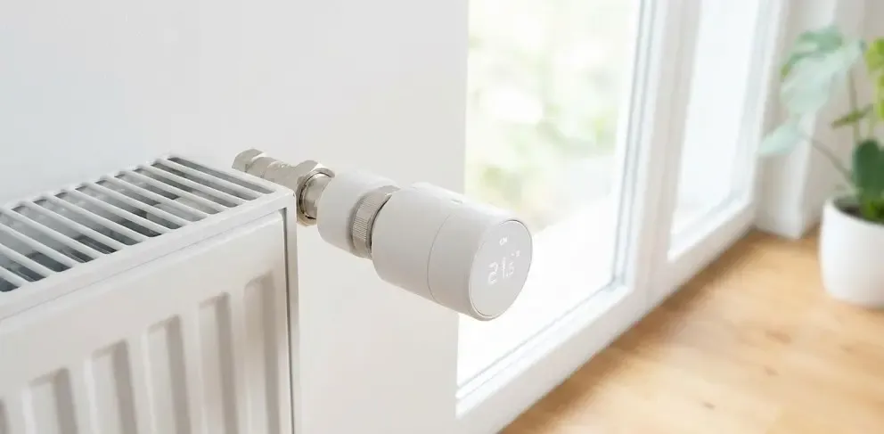 Válvula termostática inteligente Tado instalada en el lateral de un radiador blanco moderno