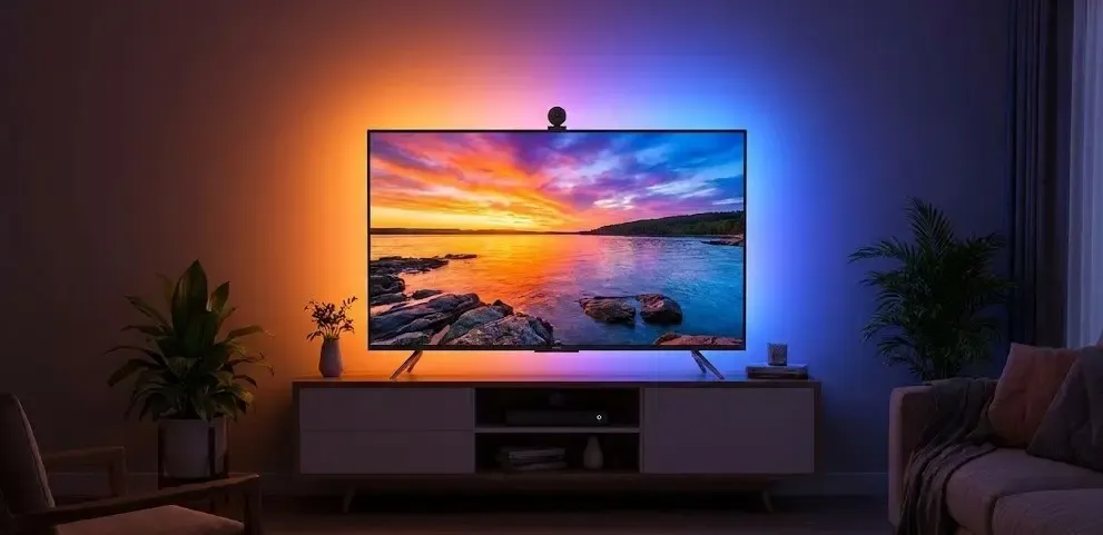 Televisión con sistema de retroiluminación LED Govee instalado mostrando colores sincronizados con la imagen