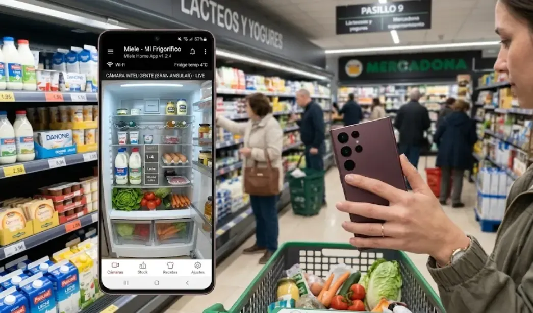 Pantalla de un teléfono móvil mostrando la visión interna de un frigorífico inteligente mediante su cámara de gran angular, permitiendo comprobar el stock de alimentos desde el supermercado.