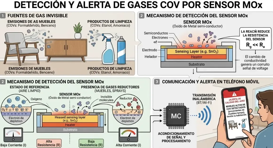 Gráfico técnico ilustrando cómo las moléculas de gas invisible provenientes de muebles y sprays de limpieza entran en un sensor MOx, generando una alerta en el teléfono móvil del usuario.