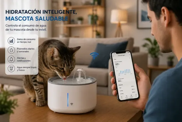 Gato bebiendo de una fuente de agua inteligente mientras el dueño consulta los datos de consumo en el móvil