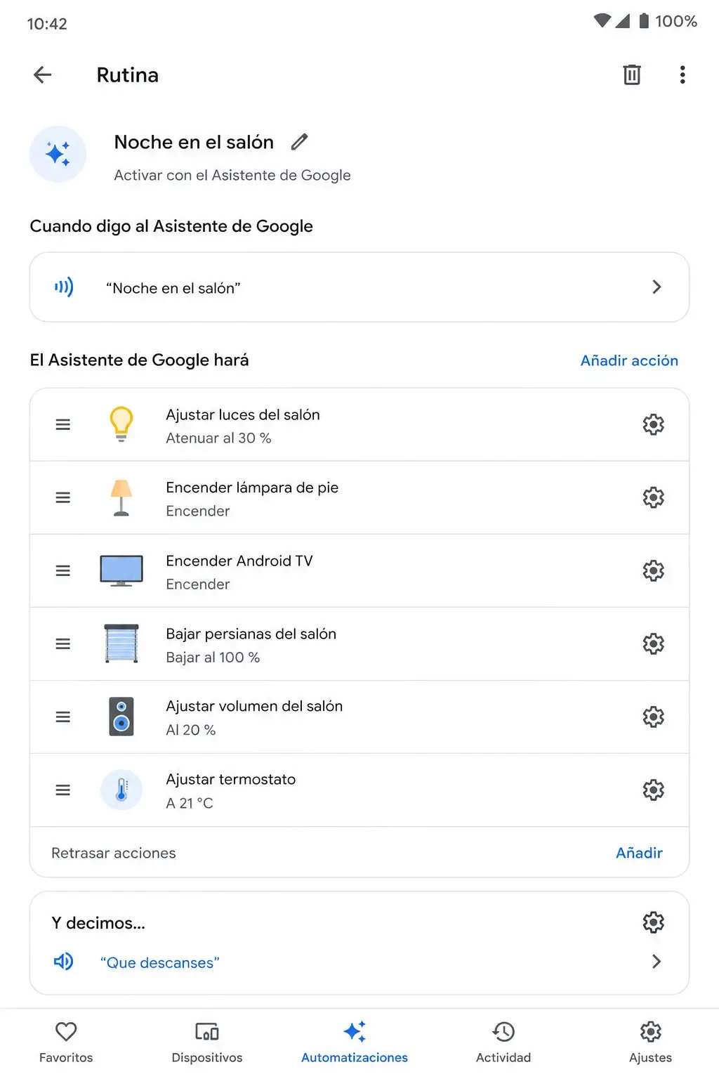 Rutina de voz configurada en la app de Google Home para el salón