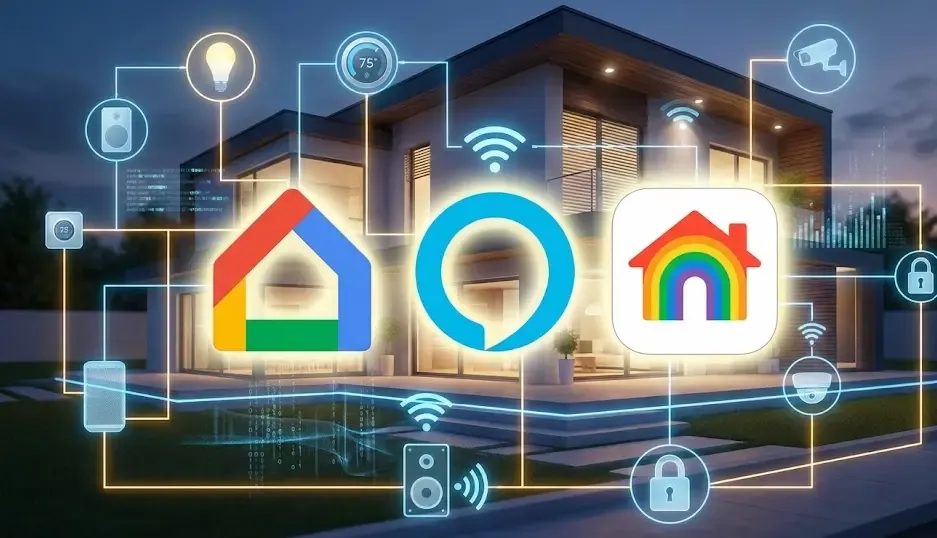 Composición visual que muestra los logotipos de Google Home, Amazon Alexa y Apple HomeKit sobre un fondo de una casa inteligente conectada