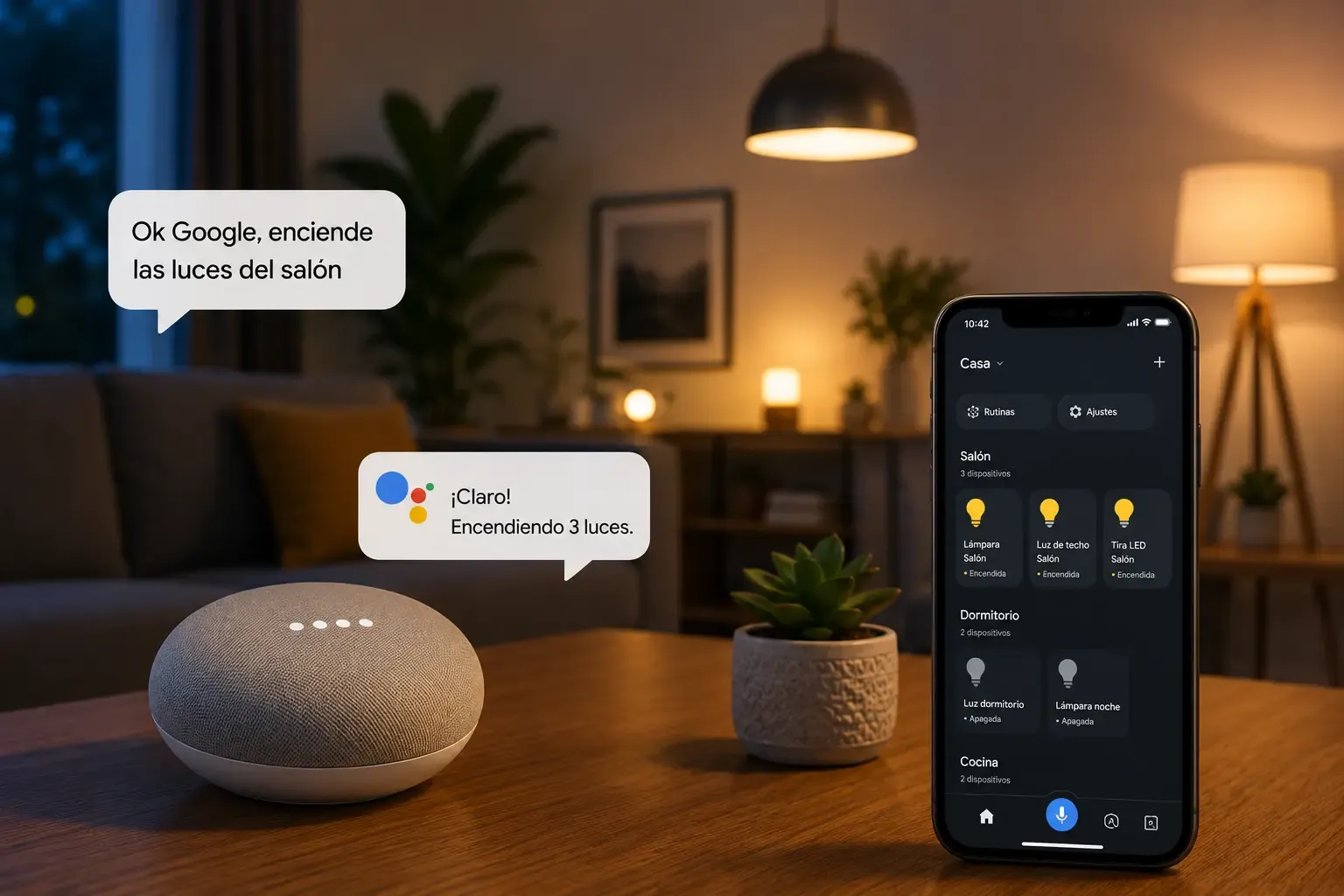 Altavoz Google Nest controlando bombillas inteligentes en el hogar