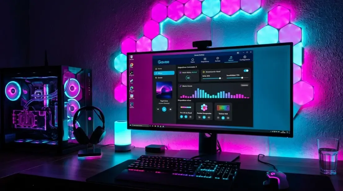Interfaz de la aplicación Govee Desktop en un monitor, mostrando opciones de sincronización musical y visual, mientras las luces del teclado y la pared reaccionan en tonos magenta y azul cyan.