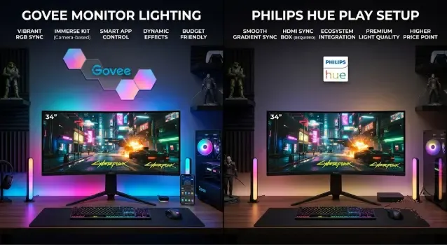 Comparativa visual de tiras LED Govee y Philips Hue Play detrás de un monitor gamer