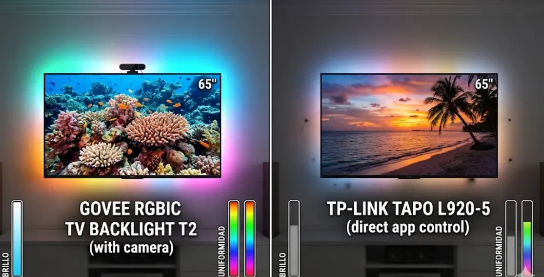Comparativa de tiras LED Govee vs Tapo L920 instaladas en TV mostrando la diferencia de brillo, uniformidad y calidad de color