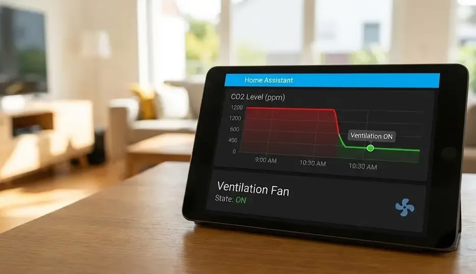 Gráfica de Home Assistant mostrando la bajada de CO2 al activar la ventilación