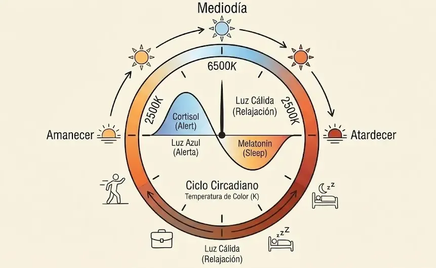 Gráfico explicativo del ciclo circadiano y la temperatura de color a lo largo del día