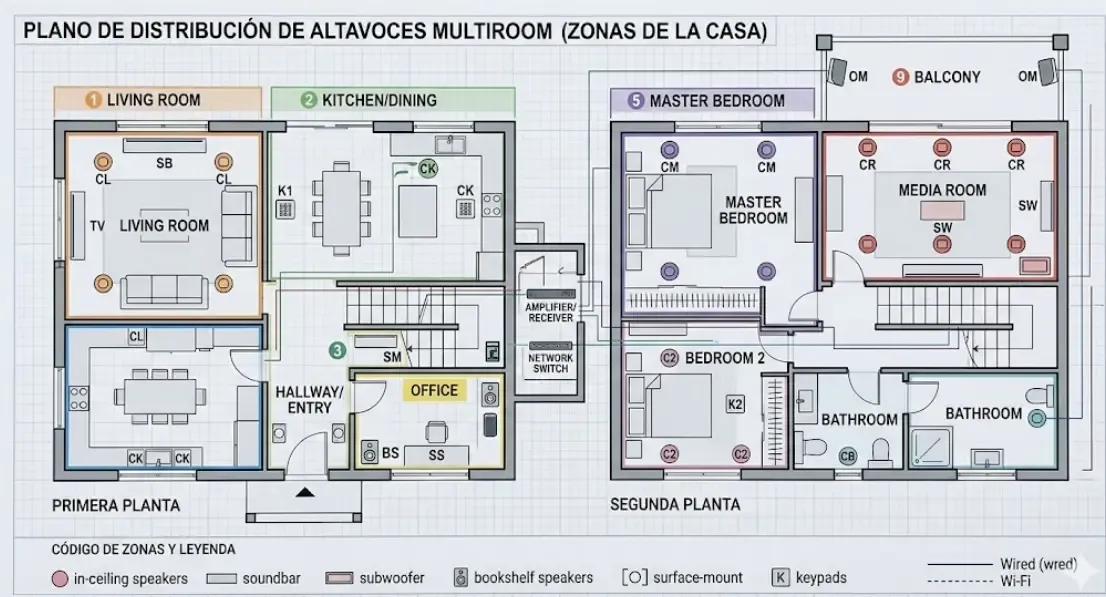 Plano de distribución de altavoces multiroom por zonas de la casa
