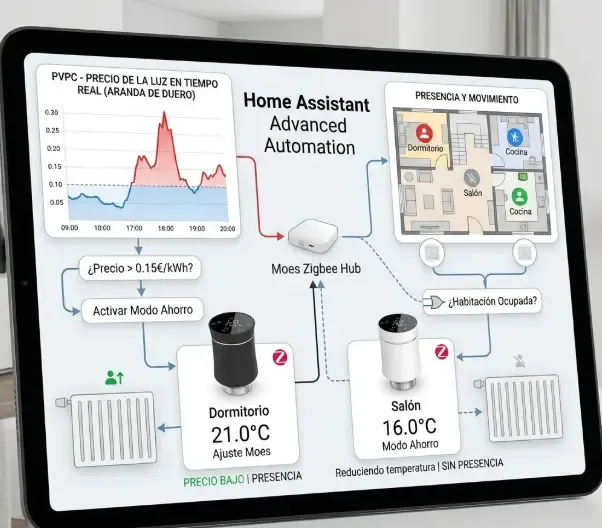 Automatizaciones avanzadas en Home Assistant coordinando válvulas Moes con precio de la luz y presencia