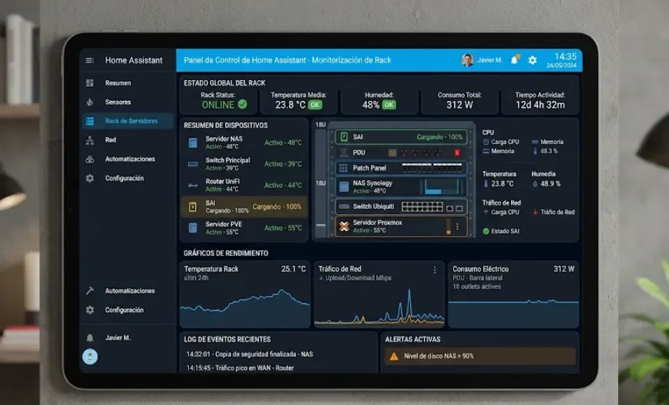 Dashboard de Home Assistant con monitorización del rack