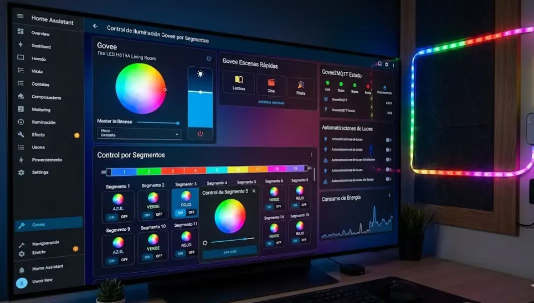 Integración de tiras LED Govee en el panel de Home Assistant mostrando control por segmentos