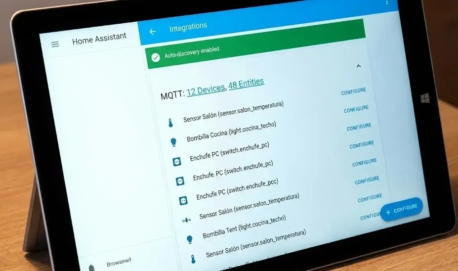 Interfaz de configuración de Home Assistant mostrando la integración de MQTT y el listado de dispositivos detectados automáticamente mediante MQTT Discovery.