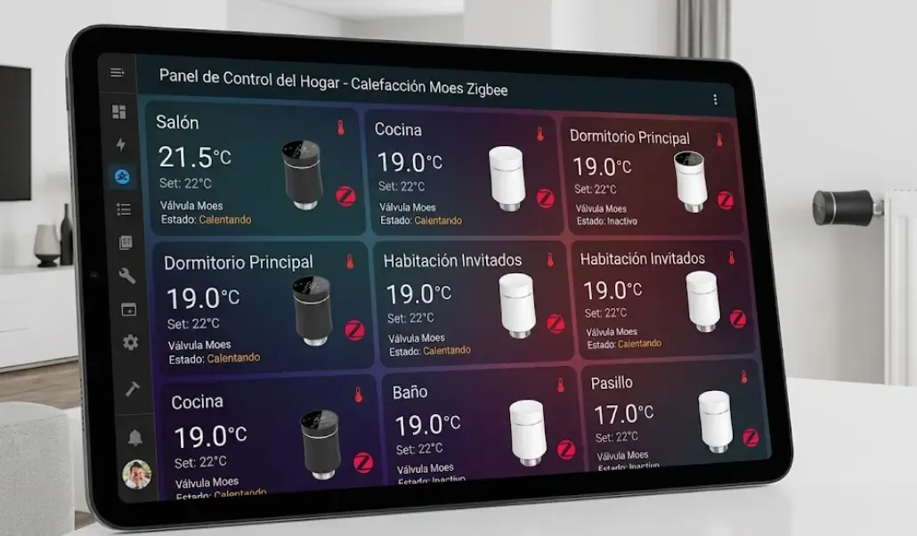 Dashboard de Home Assistant con válvulas Moes Zigbee mostrando temperaturas por habitación