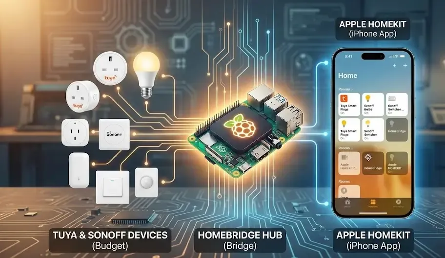 Composición gráfica que muestra el puente de Homebridge conectando dispositivos económicos de Tuya y Sonoff con un iPhone mostrando la app Casa de Apple HomeKit