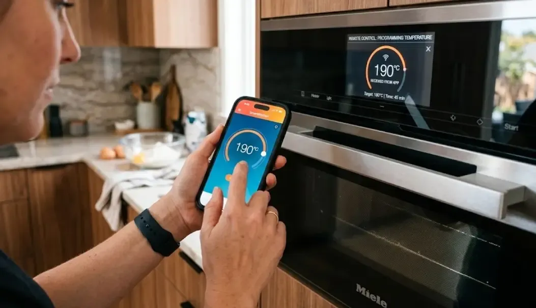 Primer plano de una persona programando la temperatura de un horno empotrado desde una aplicación móvil mientras la pantalla del electrodoméstico refleja el comando remoto.