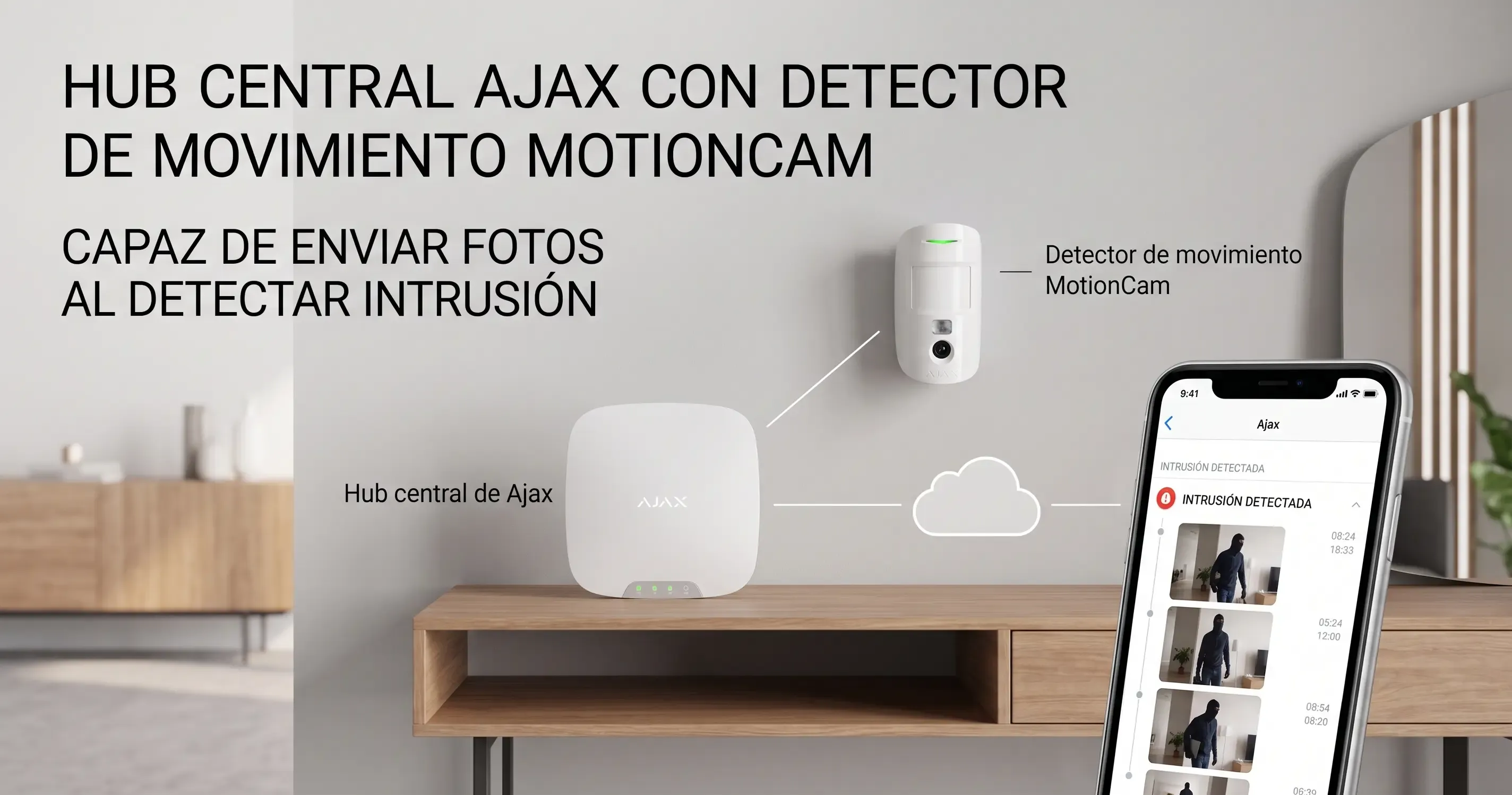 Hub central de Ajax con detector de movimiento MotionCam, capaz de enviar fotos al detectar intrusión